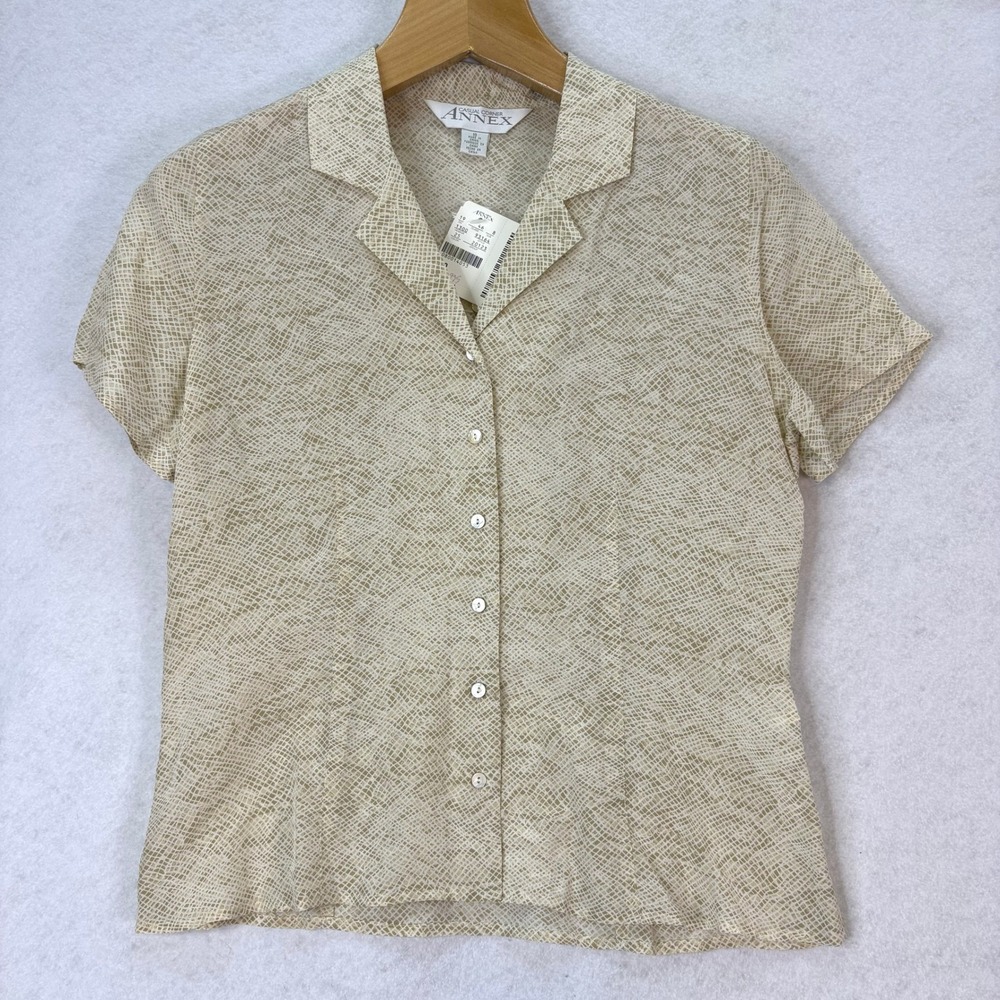 Casual Corner Annex Tan Silk Snakeskin Print Button Up Blouse Womens 10 Vtg 90s